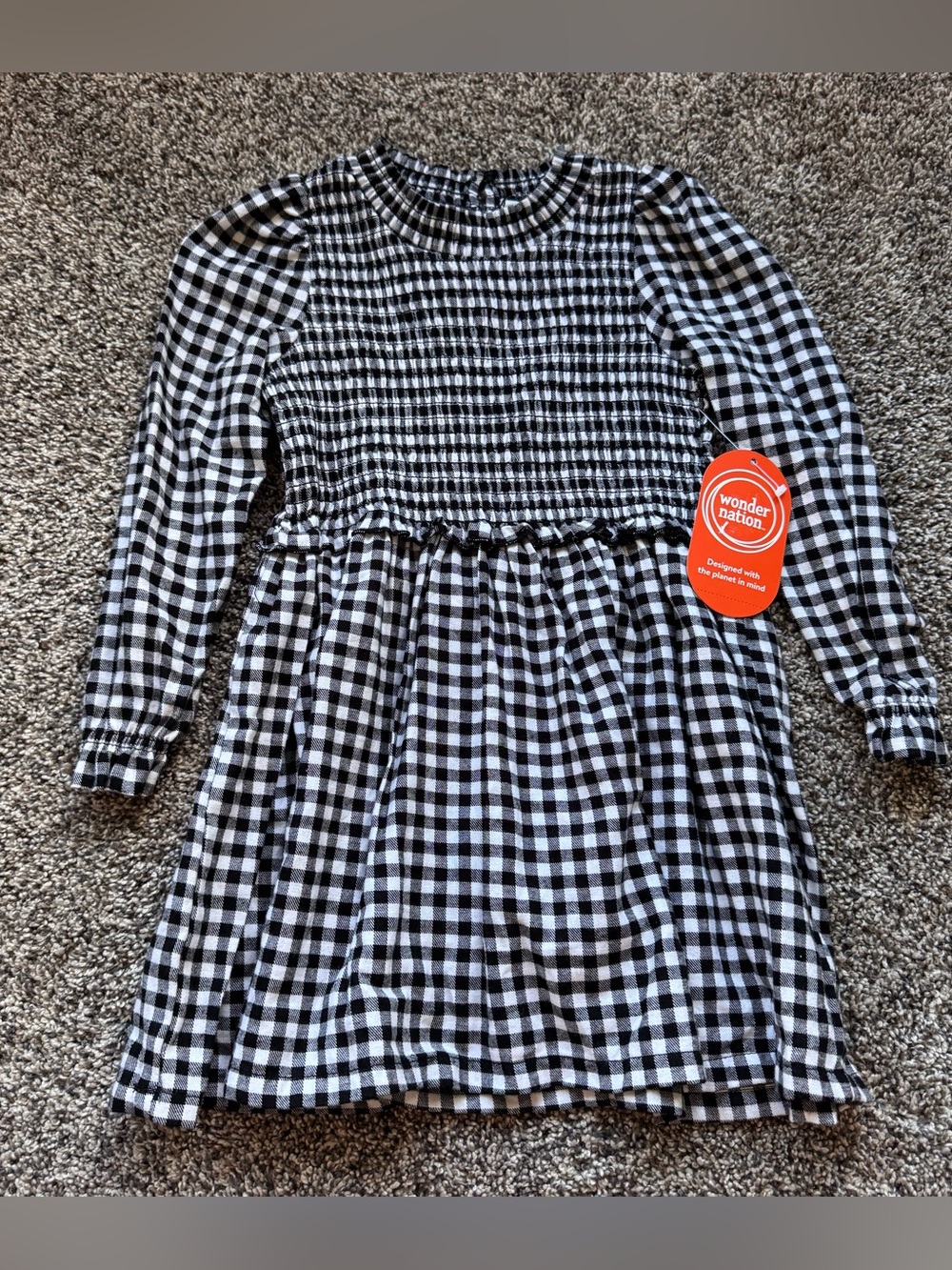NEW Black and White Gingham Smocked Long Sleeve Dress